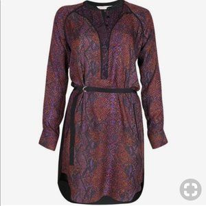 Rebecca Taylor Purple and Rust Printed Long-Sleeve Belted Dress